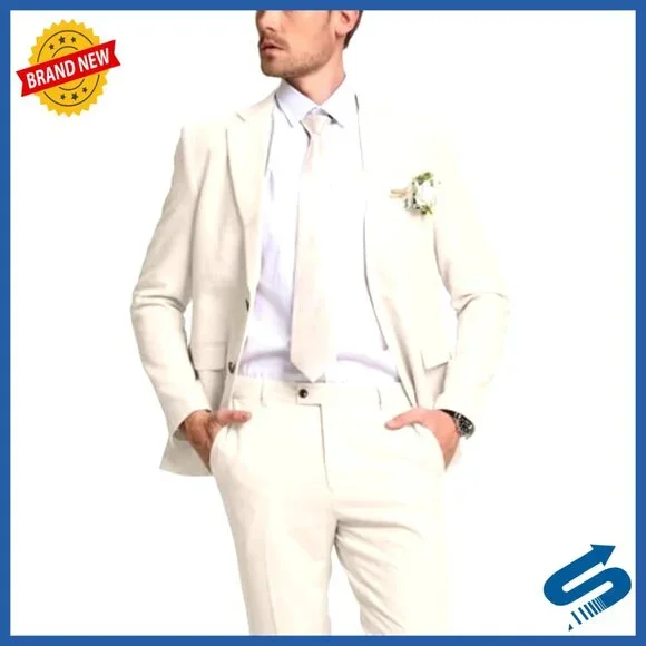 Men's Slim Fit Linen Blend Suit 2-Piece Set Formal Casual Wedding